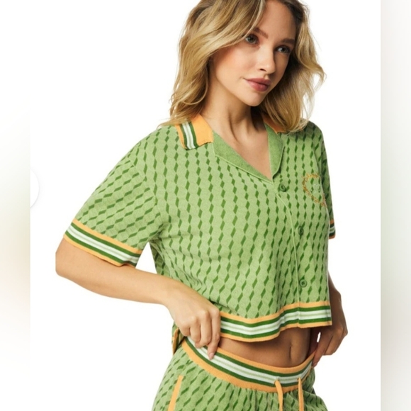 Smoke Rise RED Maison Embroidered Green Knit 2-Piece Short Set - Size M - Picture 2 of 8